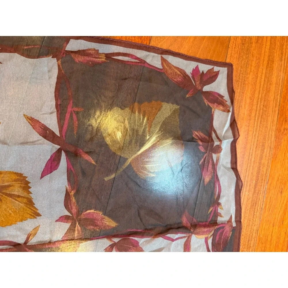 Halston Silk Scarf Autumn Leaves Sheer | Black White Brown |‎ 20